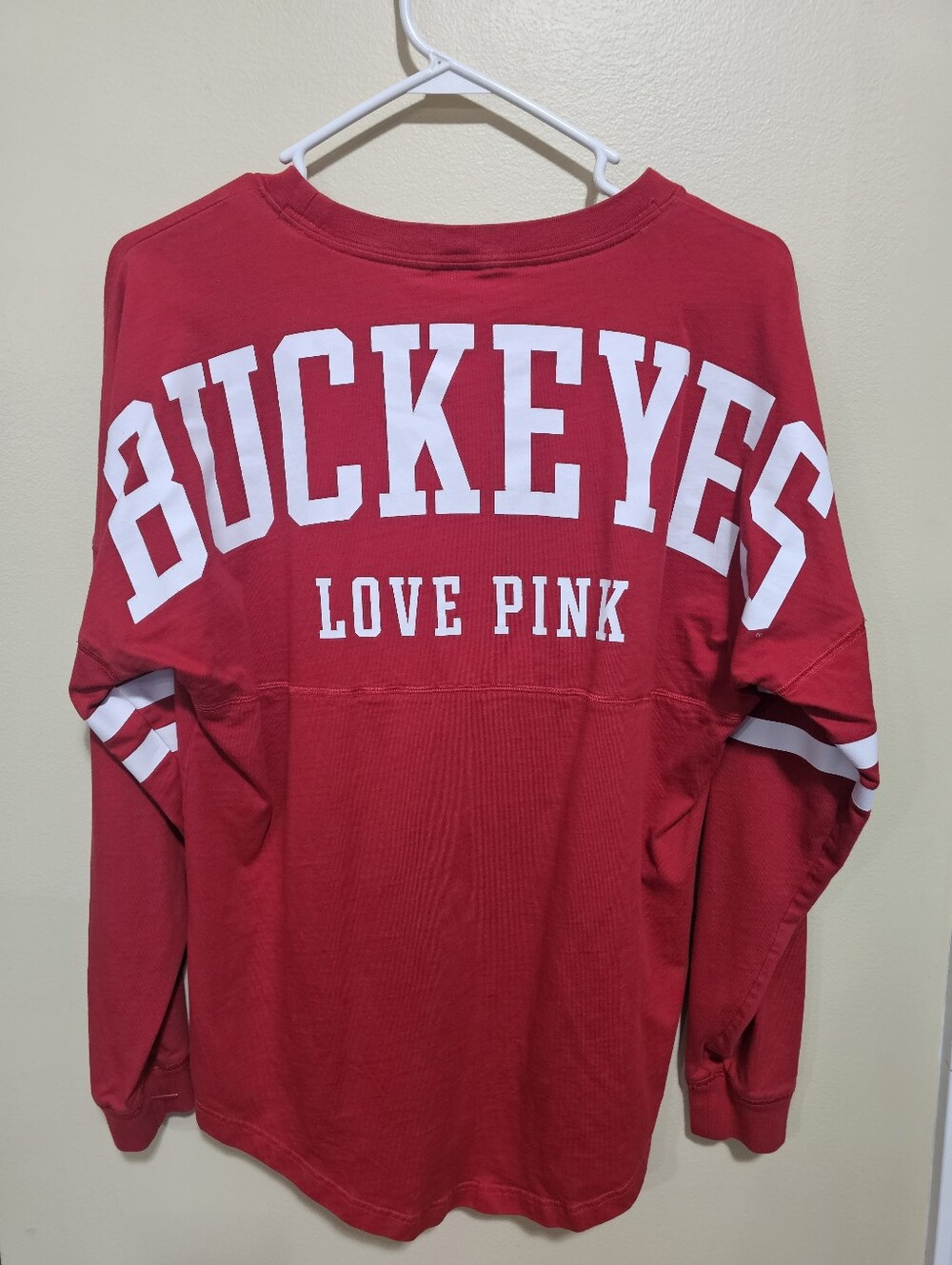 VS PINK OHIO STATE BUCKEYES RED LONG SLEEVE SPIRIT JERSEY SHIRT VGUC VIBRANT '14